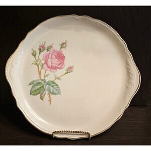 Vintage 1945 Edwin M. Knowles Lugged Cake Plate 11.25” Rose Pattern KNO178